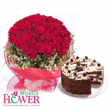 COM012-The-First-Look-50-red-roses-bunch-half-kg-Black-Forest-Cake-Rs-1400
